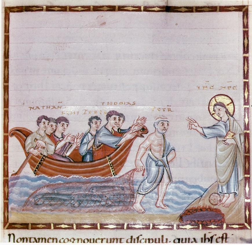 Codex Egberti, fol. 90r. Wundersamer Fischzug der Jünger und Offenbarung Christi am See Genezareth, 10. Jahrhundert, https://commons.m.wikimedia.org/wiki/File:Codex_Egberti_fol._90r.jpg